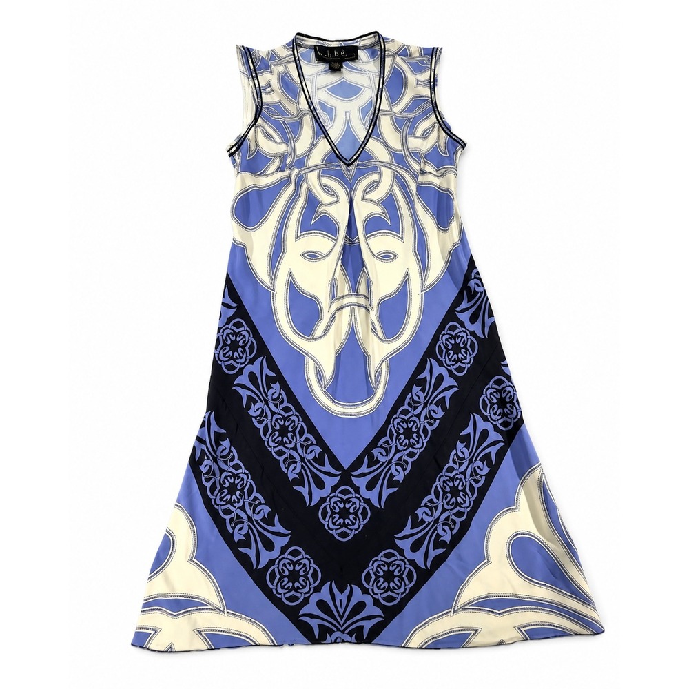 Nicole Miller Collection 100% Silk Dress Sz P Petite Blue White Print Sleeveless